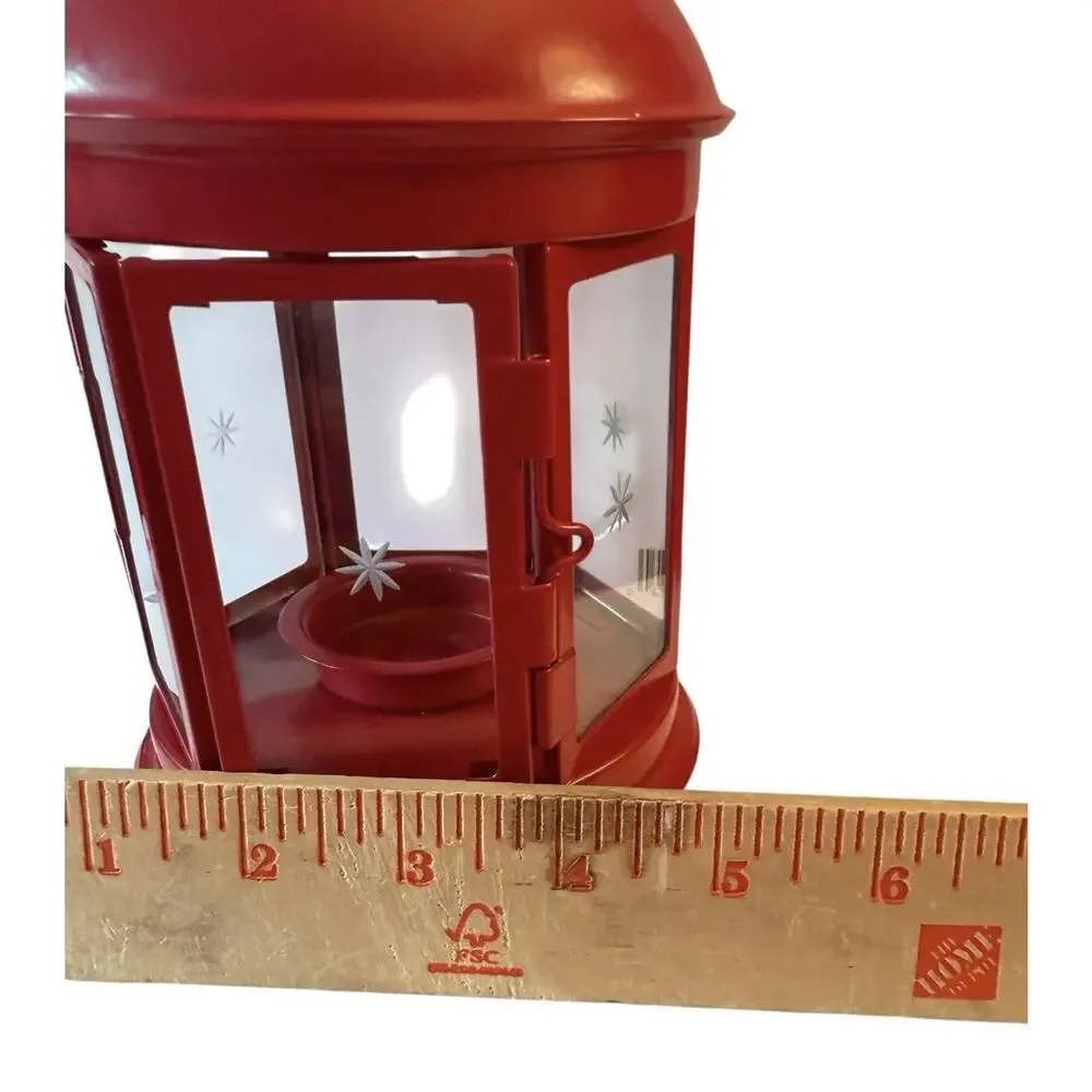 IKEA Rotera Lantern Red Tea Light Candle Holder Metal Glass Hanging Star Cutouts